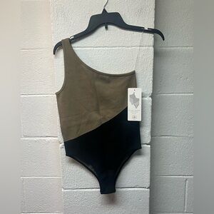 Aura Two-Tone Bodysuit in Tan and Black. M/L